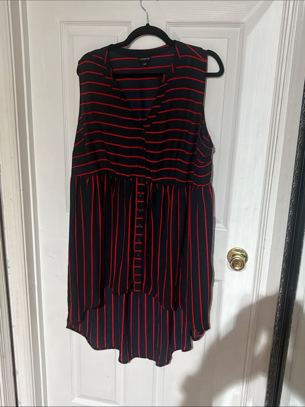 torrid Navy and Red Striped Sleeveless Button-Down Top